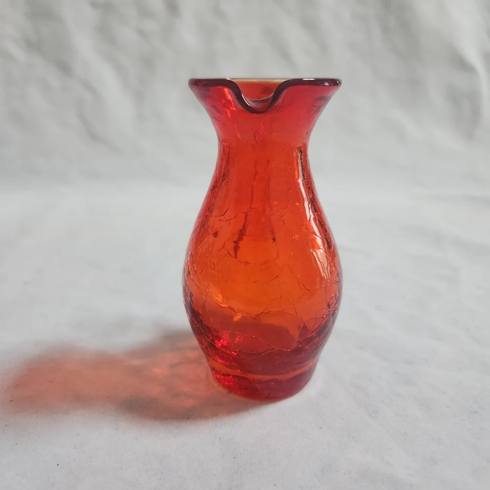 Vintage Red Orange Crackle Blown Art Glass Creamer